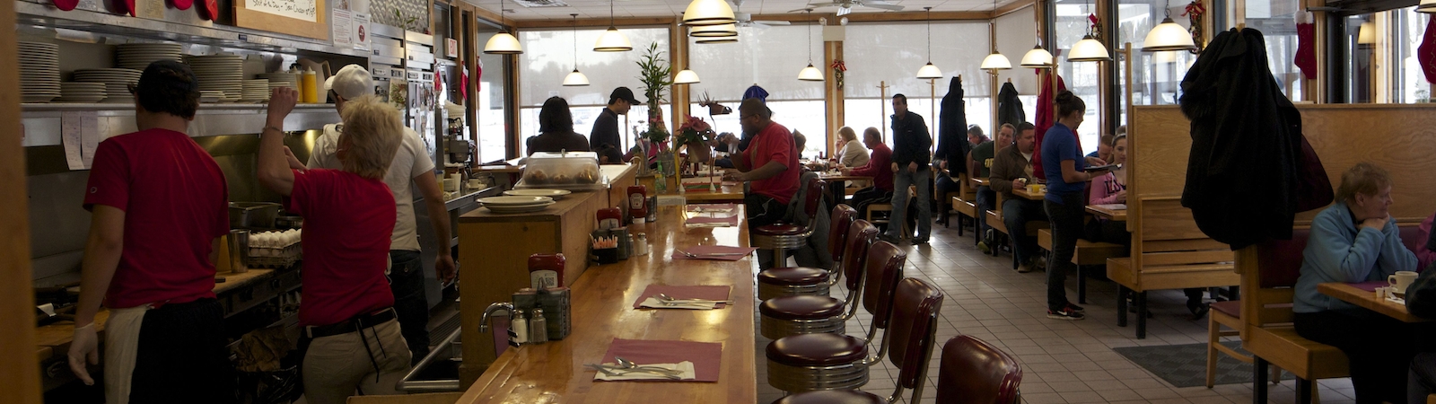 The diner is crowded.